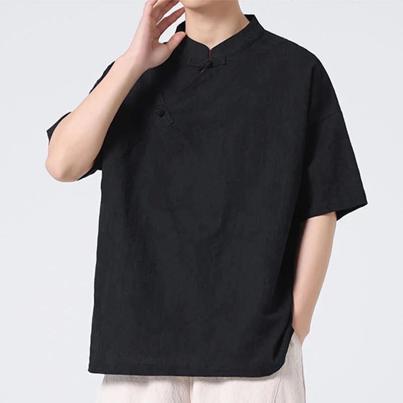 Buddha Stones Retro Pure Color Frog-Button Design Jacquard Flower Pattern Men's Short Sleeve Cotton Linen Shirt