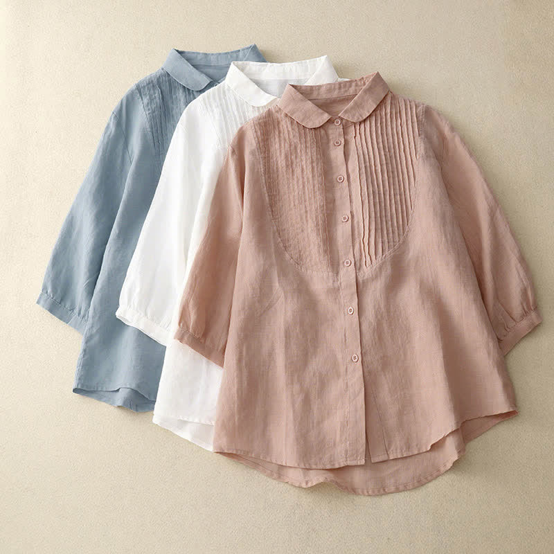 Buddha Stones Spring Pleated Pintuck Peter Pan Collar Half Sleeve Women's Shirt