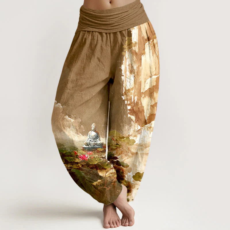 Buddha Stones Cotton Lotus Flower Leaf Rocks Water Surface Cloud Buddha Pattern Women's Elastic Waist Harem Pants