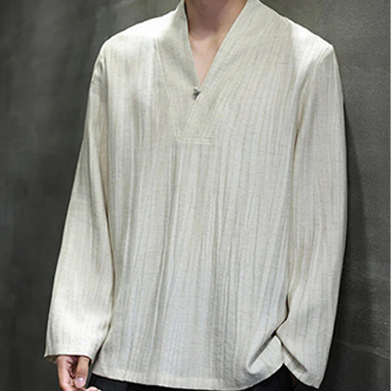 Buddha Stones Plain V-Neck Long Sleeve Men's Linen Shirt