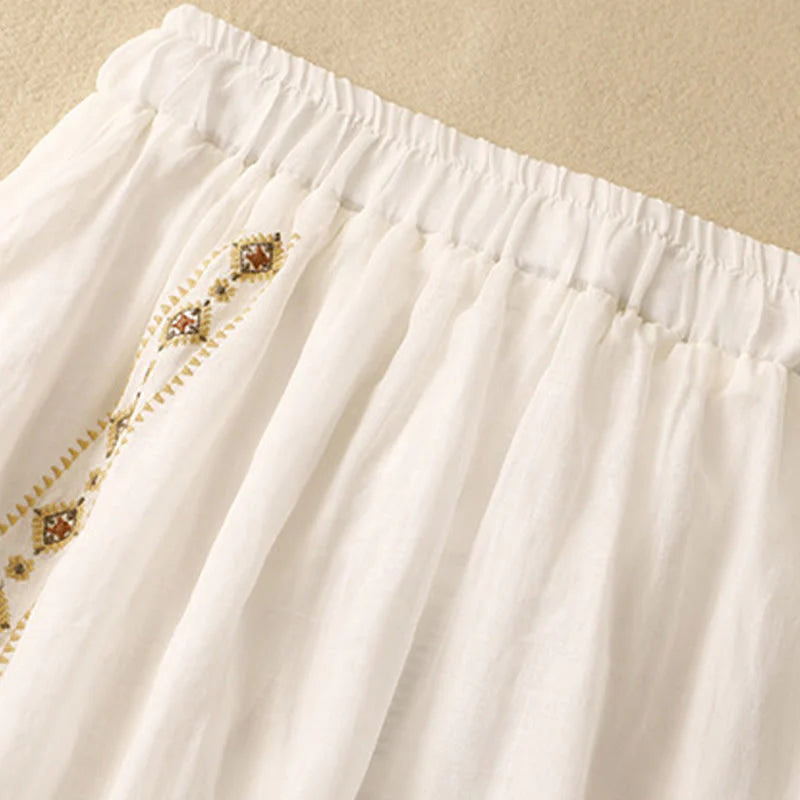 Buddha Stones Ethnic Vintage Embroidery Button Design Women's Cotton Linen 7-8 Length Skirt