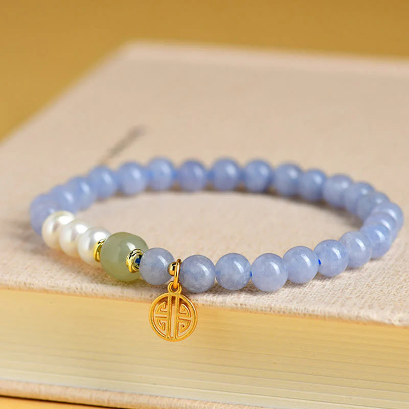 Buddha Stones Blue Chalcedony Pearl Beads Energy Bracelet