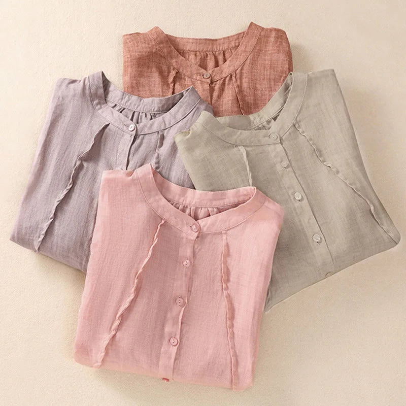 Buddha Stones Casual Daily Plain Button Ruffled Design Stand Collar Women's Cotton Linen Three Quarter Sleeve Shirt Cardigan