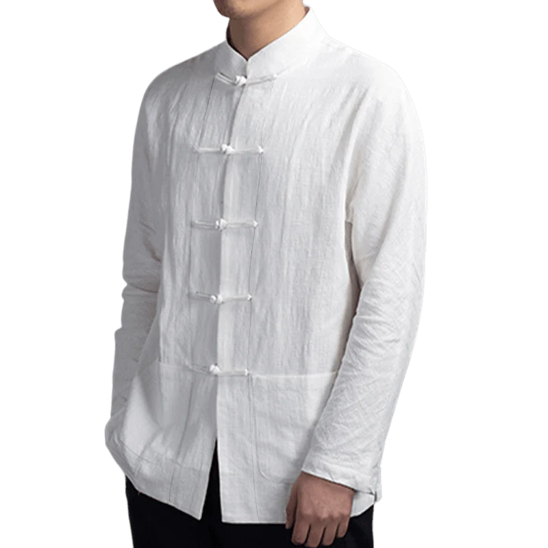Buddha Stones Solid Color Casual Frog-button Men's Shirt Clothing