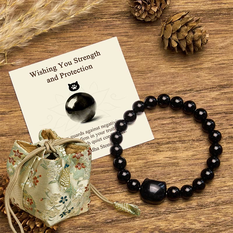 Buddha Stones Wishing You Strength and Protection Cat Onyx Bracelet Includes Gift Message Card
