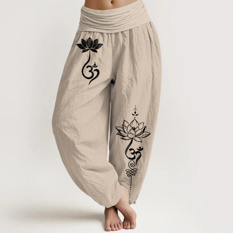 Buddha Stones Cotton Lotus Flower Om Pattern Women's Elastic Waist Harem Pants