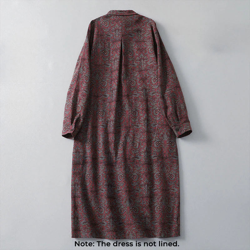 Buddha Stones Brown Printing Floral Pattern Lapel Cotton Linen Long Sleeve Midi Dress With Pockets