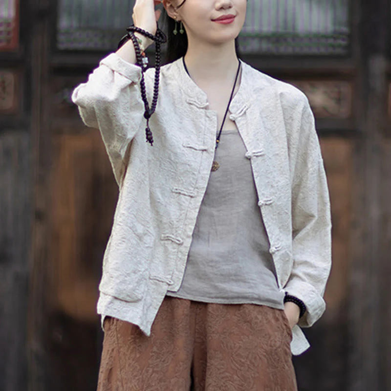 Buddha Stones Fall Jacquard Women's Frog-Button Long Sleeve Shirt Pants Cotton Linen Clothing
