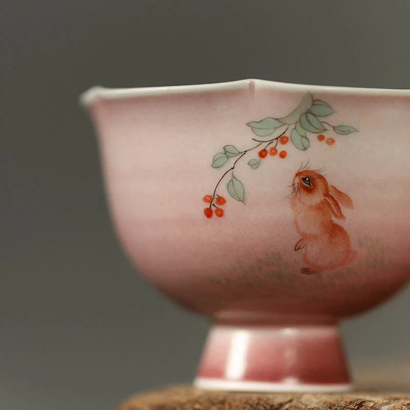 Buddha Stones Hand-painted Rabbit Orchid Flower Begonia Ceramic Teacup Kung Fu Tea Cup 75ml