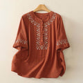 Buddha Stones Spring Embroidered Cotton Half Buttons Women's Short Sleeve Shirt