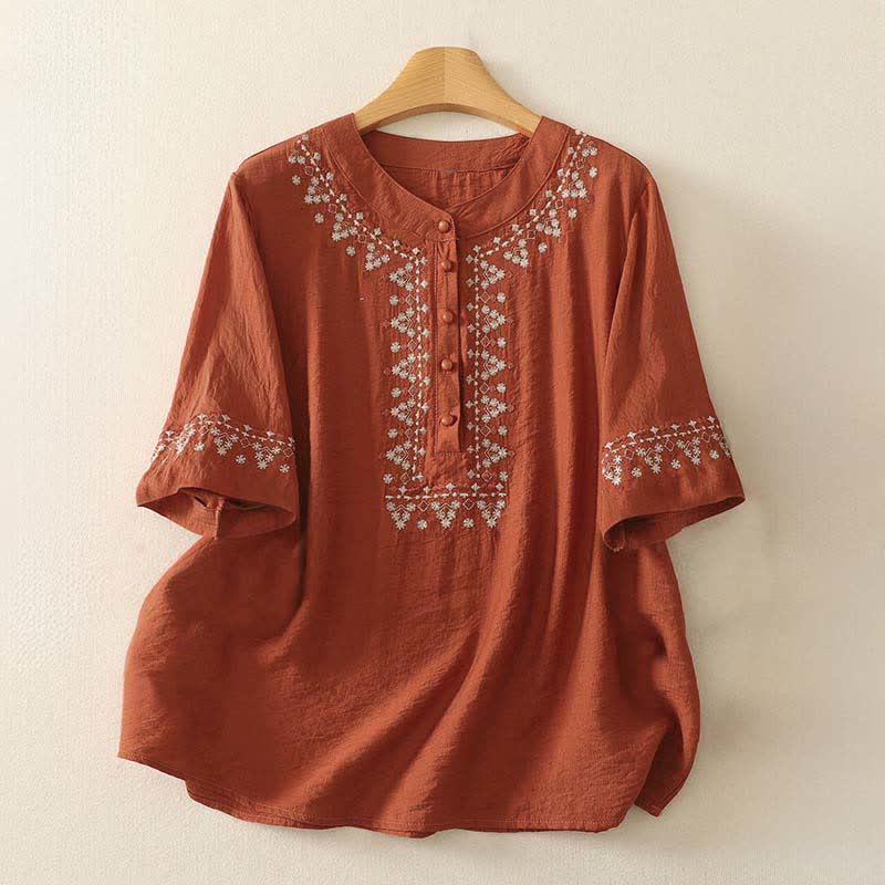 Buddha Stones Spring Embroidered Cotton Half Buttons Women's Short Sleeve Shirt
