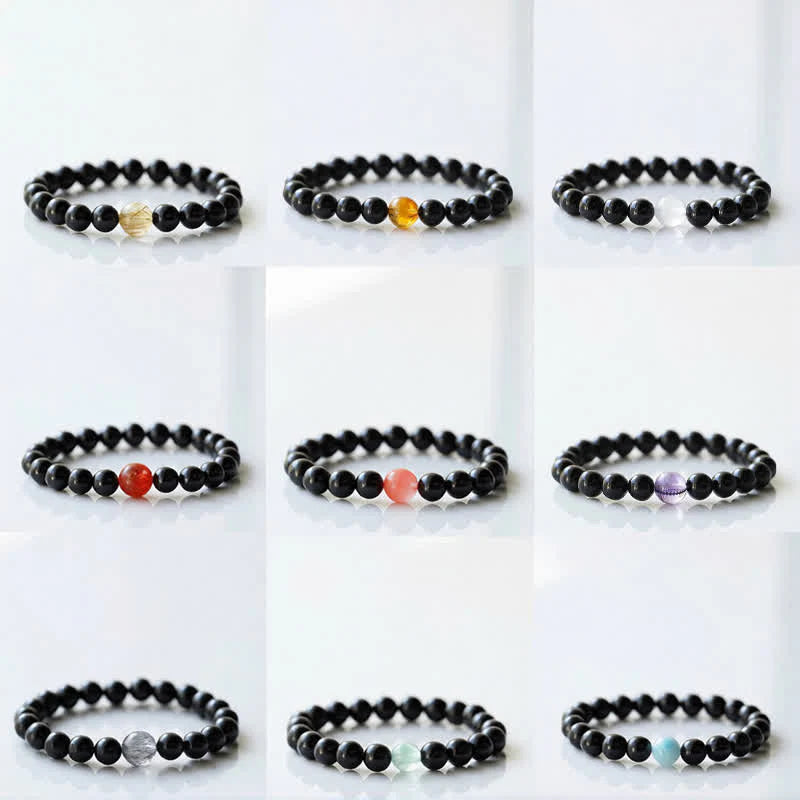 Buddha Stones Black Tourmaline Crystal Zodiac Animal Design Resilience Bracelet