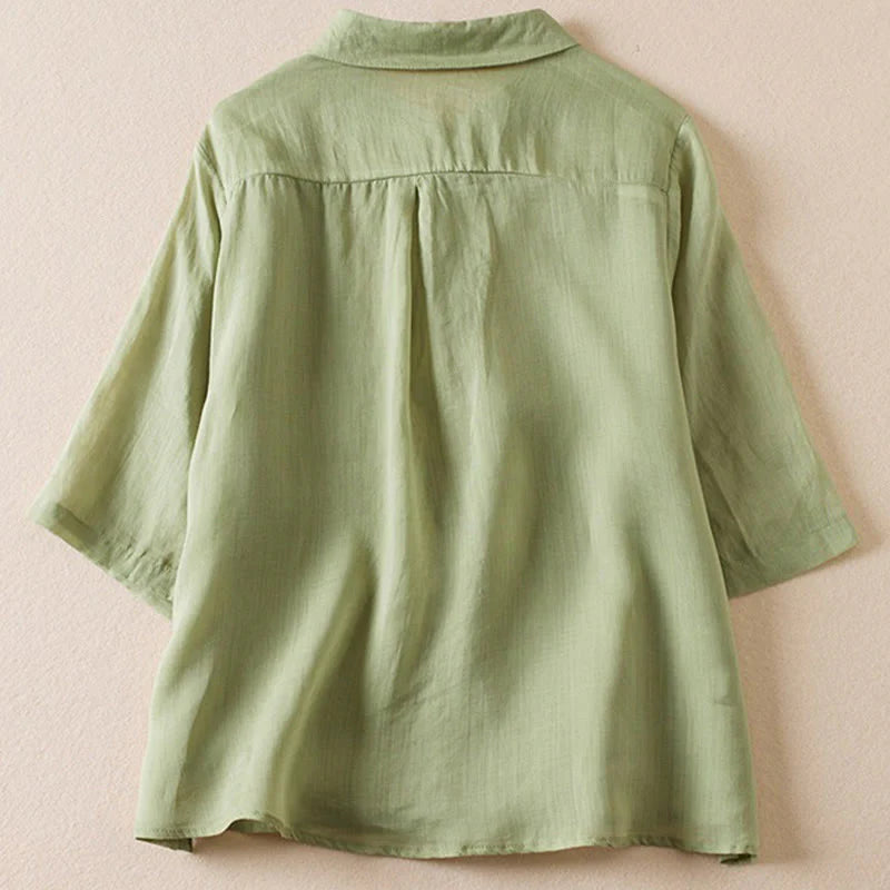 Buddha Stones Retro Plain Fake Two Pieces Button Half Sleeve Design Women's Cotton Linen Shirt