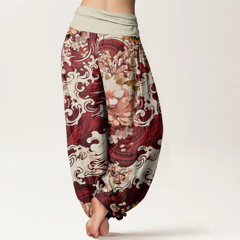 Buddha Stones Cotton Casual Wave And Floral Pattern Women's Elastic Waist Harem Pants