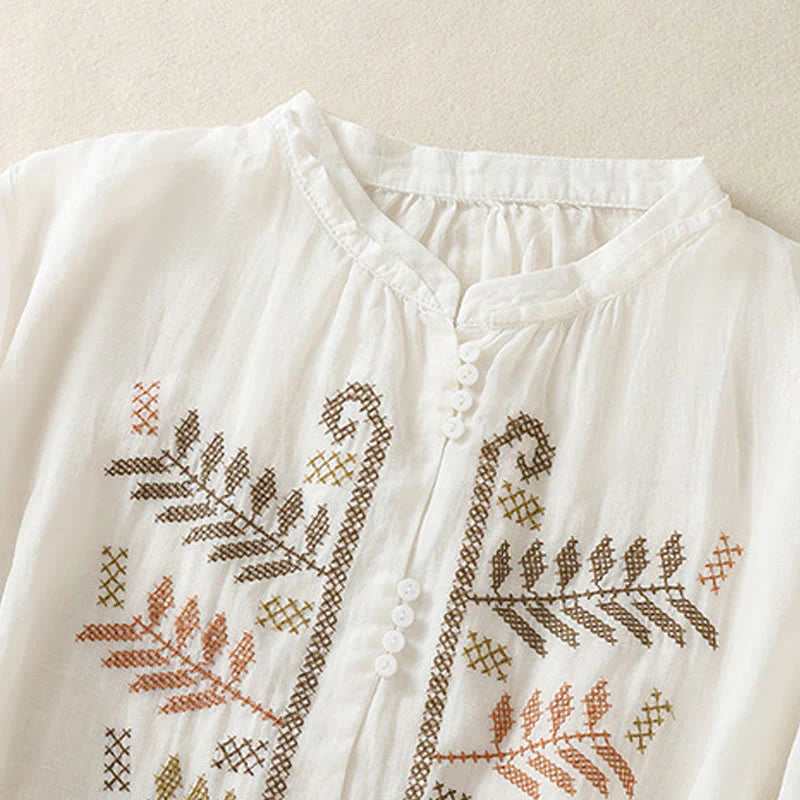 Buddha Stones Casual Artistic Embroidery Leaves Pattern Women's Cotton Linen Three Quarter Sleeve Shirt Cardigan