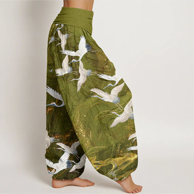 Buddha Stones Cotton Flying White Cranes Auspicious Clouds Design Women's Elastic Waist Harem Pants