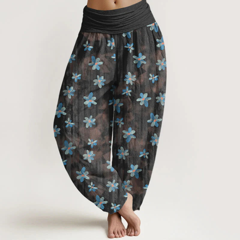 Buddha Stones Cotton Simple Style Flower Pattern Women's Elastic Waist Harem Pants
