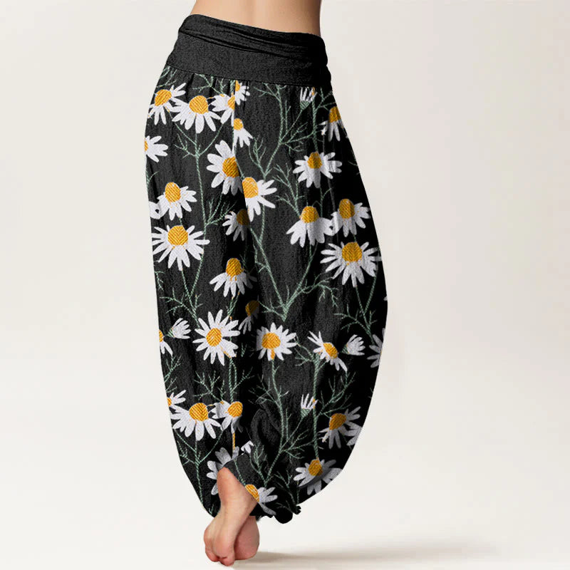 Buddha Stones Cotton White Petals Daisy Pattern Women's Elastic Waist Harem Pants