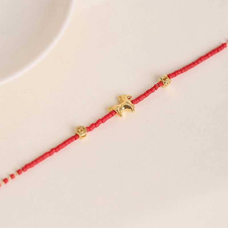 Buddha Stones 925 Sterling Silver Plated Gold Year of the Horse Red Liuli Glass Prosperity Bracelet