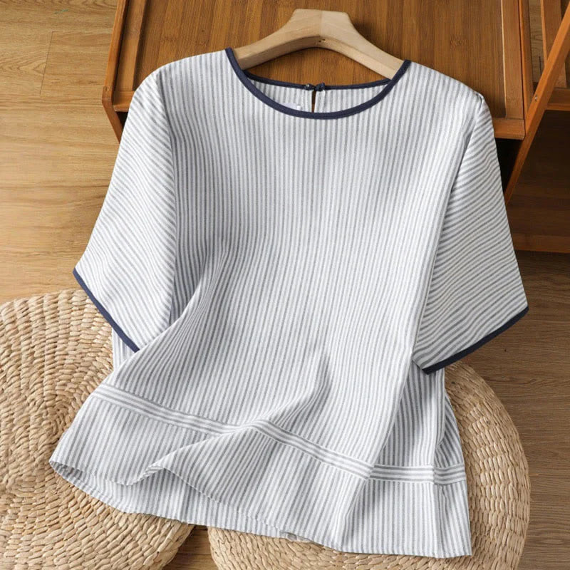 Buddha Stones Pullover Stripes Crew Neck Design Women's Cotton Short Sleeves Shirt