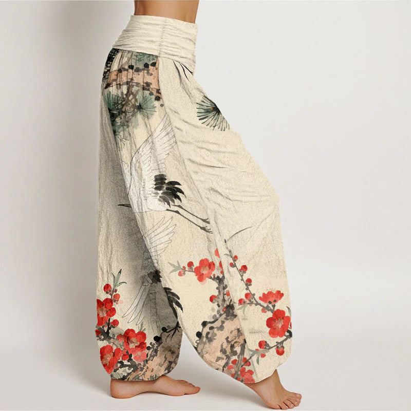 Buddha Stones Print Cranes Plum Blossoms Pattern Women's Elastic Waist Harem Cotton Pants