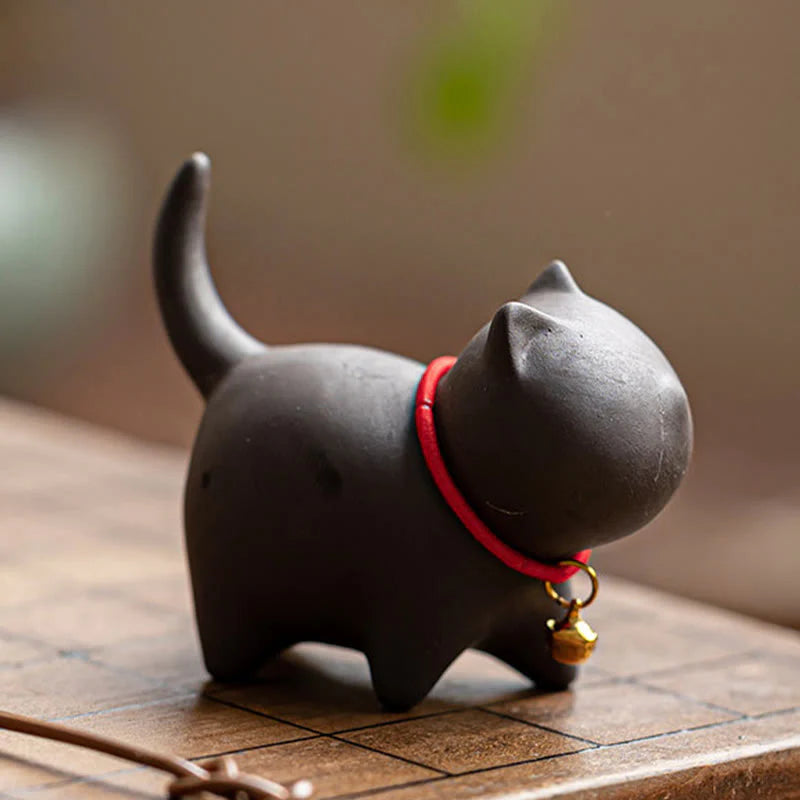 Buddha Stones Mini Lovely Red Rope Bell Cat Tea Pet Purple Clay Figurine Desk Decoration