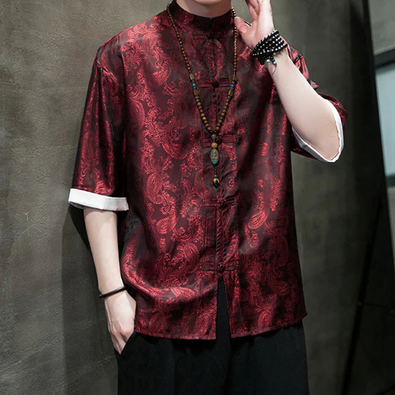 Buddha Stones Summer Cashew Flowers Pattern Men's Frog-Button Half Sleeve Shirts