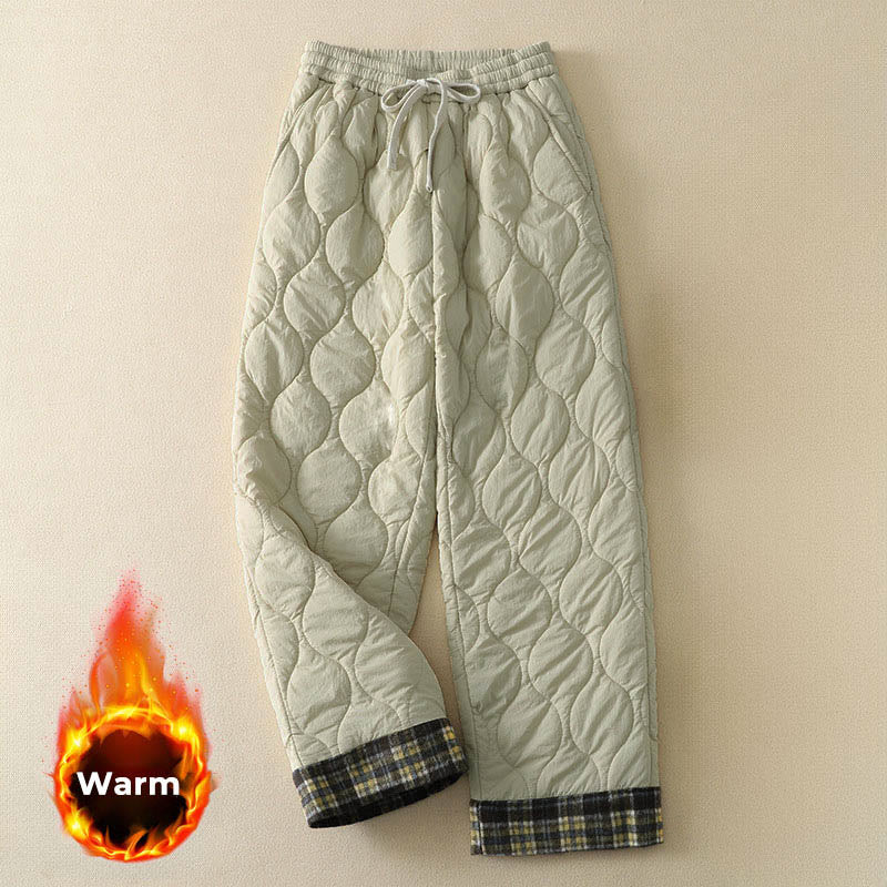 Buddha Stones Winter Curved Lines Elastic Waist Drawstring Patchwork Plaid Cotton Thermal Women's Pants With Pockets