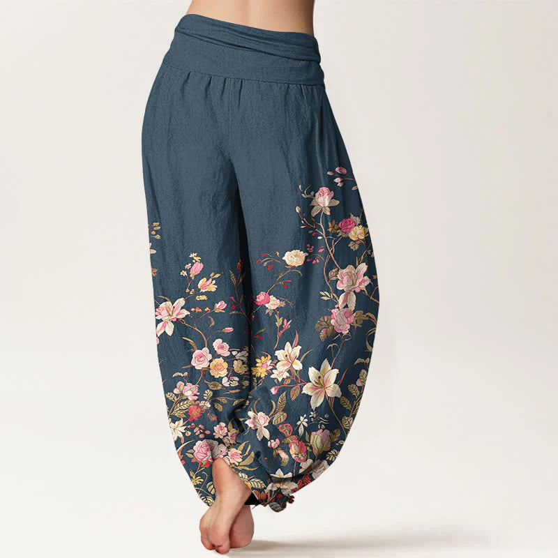 Buddha Stones Pure Cotton Exquisite Colorful Flower Pattern Women's Elastic Waist Harem Pants