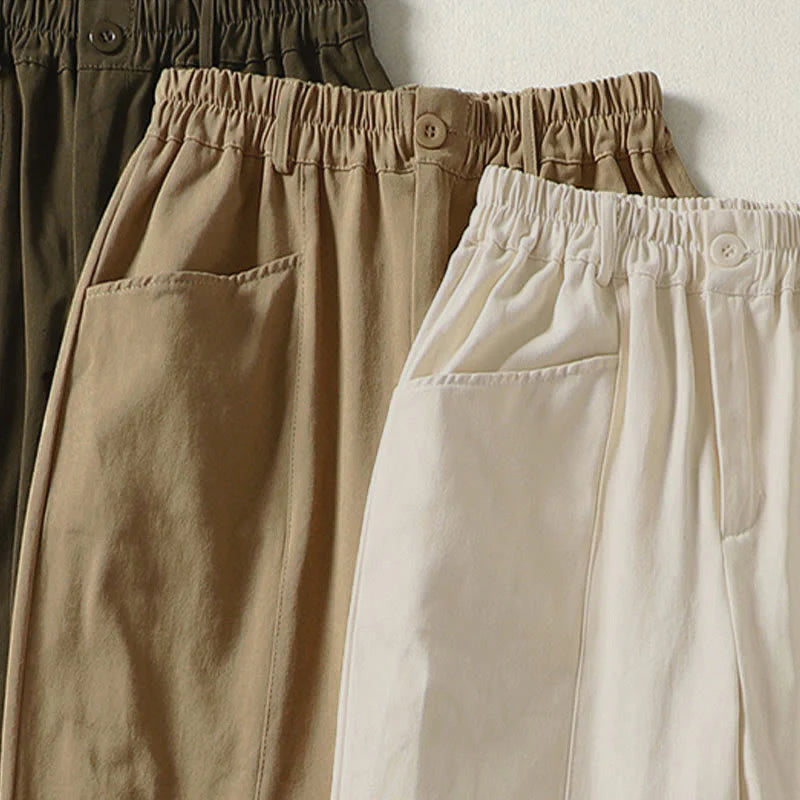 Buddha Stones Fall Simple Lines Button Zipper Design Ankle-Length Cotton Women's Harem Pants With Pockets
