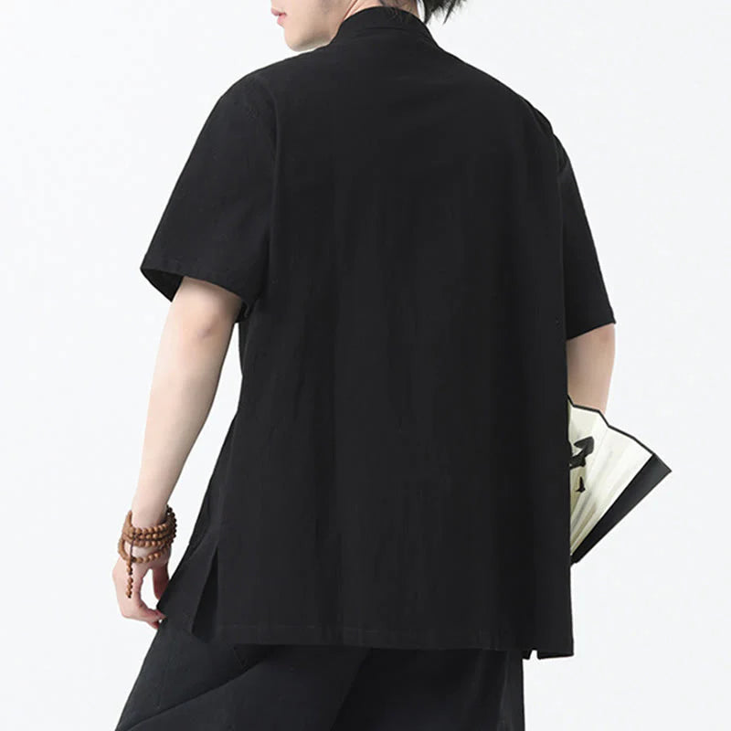 Buddha Stones Frog-Button Chinese Tang Suit Short Sleeve Shirt Linen Men Clothing With Pockets