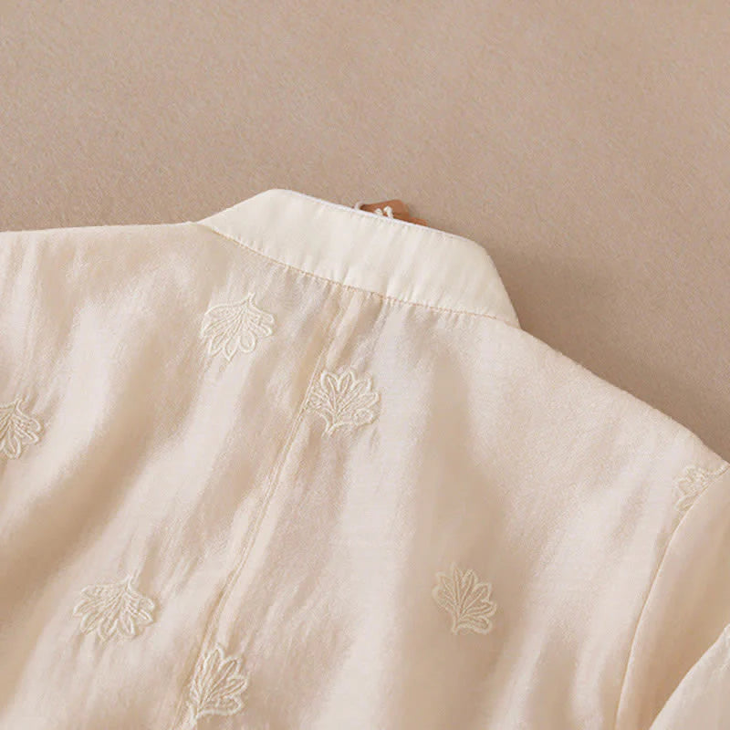 Buddha Stones Embroidery Flower Frog-Button Stand Collar Side Slit Short Sleeve Maxi Dress