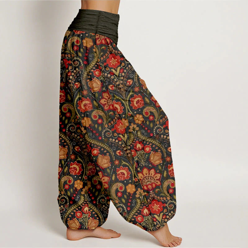 Buddha Stones Cotton Colorful Flower Leaf Scroll Pattern Women's Elastic Waist Harem Pants