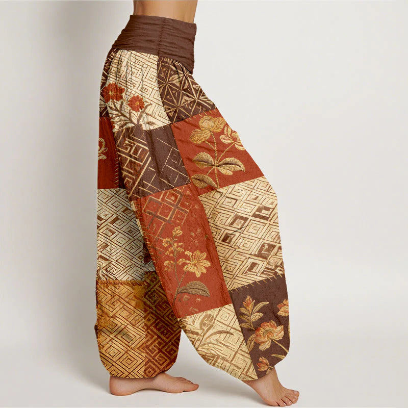 Buddha Stones Cotton Color Blocking Design Flower Geometry Pattern Women's Elastic Waist Harem Pants