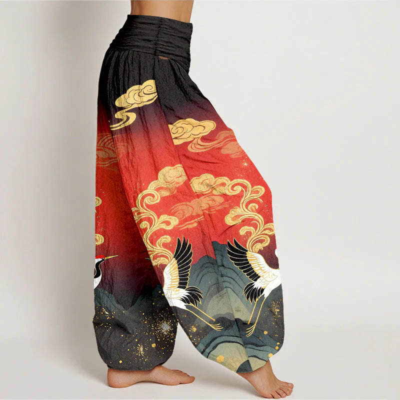 Buddha Stones Pure Cotton Colorful Crane Cloud Mountain Pattern Women's Elastic Waist Harem Pants