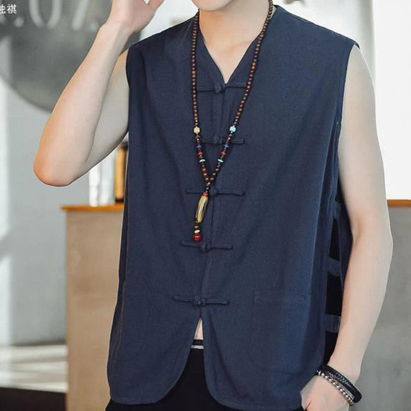 Buddha Stones Casual Chinese Frog-Button Men's Cotton Vest Waistcoat With Pockets