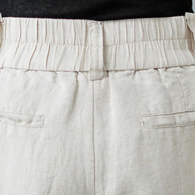 Buddha Stones Daily Solid Color Patchwork Simple Design Cotton Linen Women's Pants With Pockets