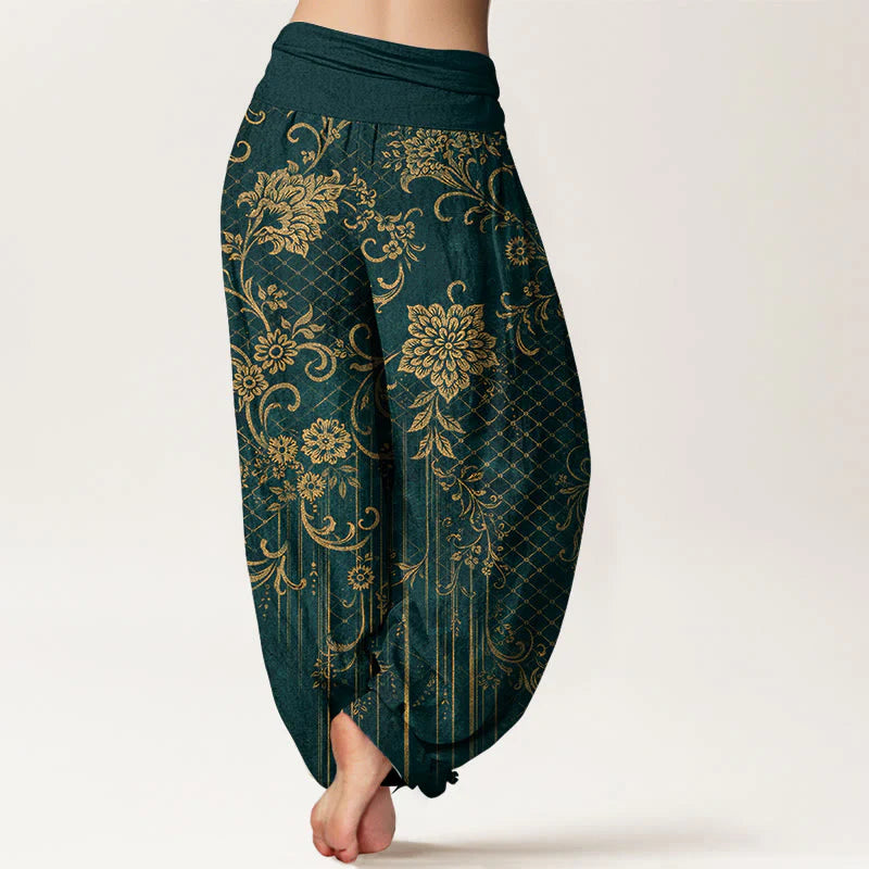 Buddha Stones Pure Cotton Classical Flower Leaf Vine Pattern Women's Elastic Waist Harem Pants