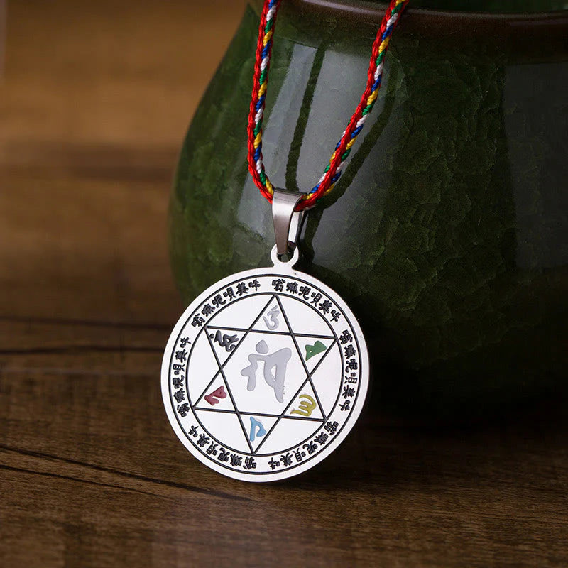 Buddha Stones Colorful Om Mani Padme Hum Titanium Steel Protection Rope Necklace Pendant