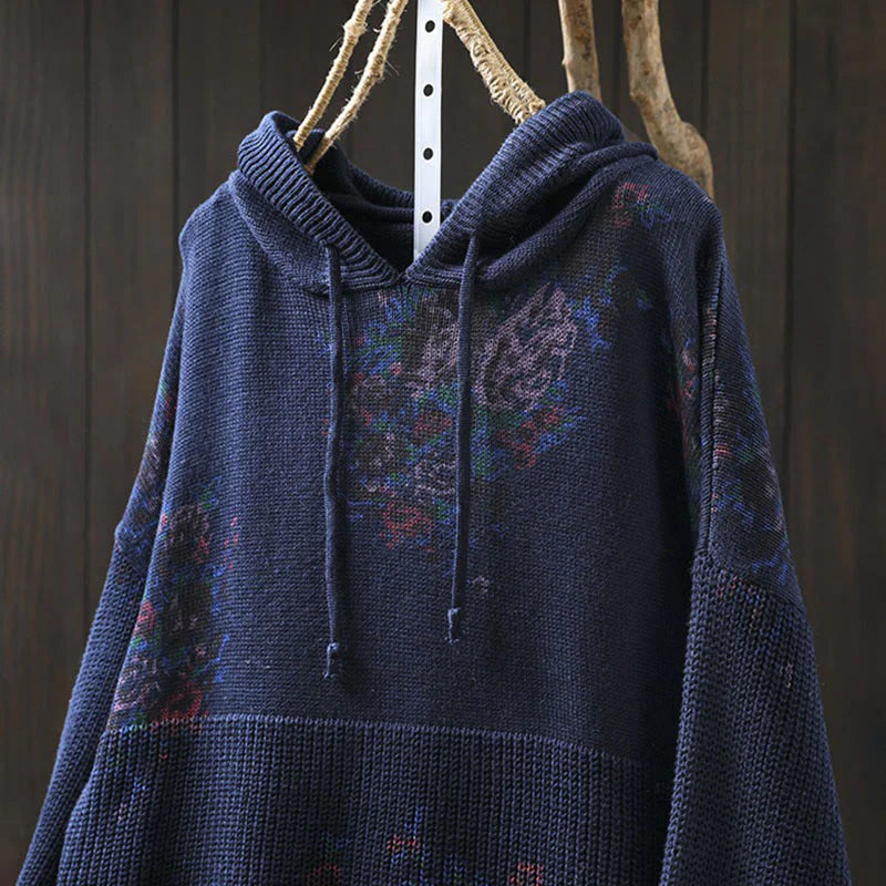 Buddha Stones Women's Knitted Floral Cotton Long Sleeve Hooded Sweater