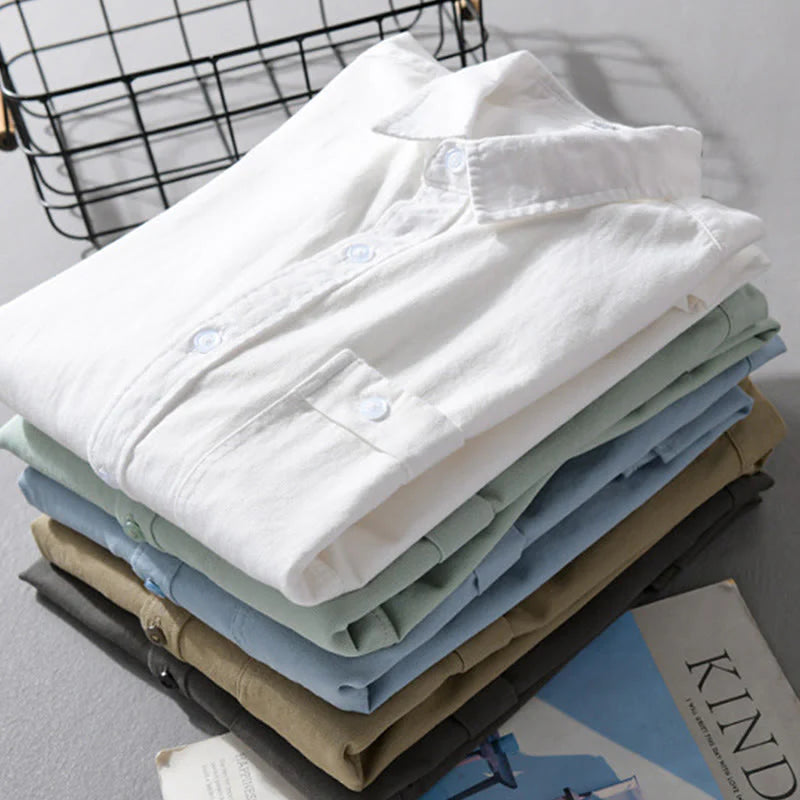 Buddha Stones Casual Solid Buttons Down Decorative Pocket Men's Stand Collar Long Sleeve Cotton Shirt