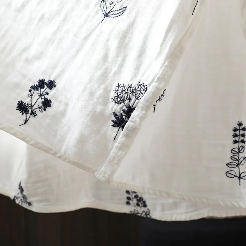 Buddha Stones Floral Embroidery Buttons Down Long Sleeve Women's Cotton Shirt