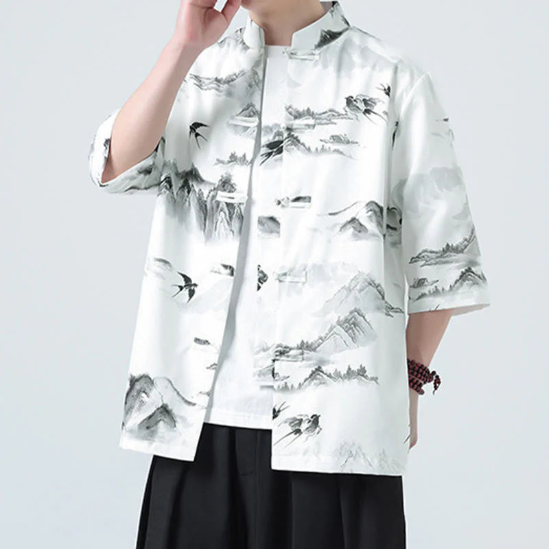 Buddha Stones Printing Chinese Ink Landscape Pattern Men's Frog-button Half Sleeve Shirts