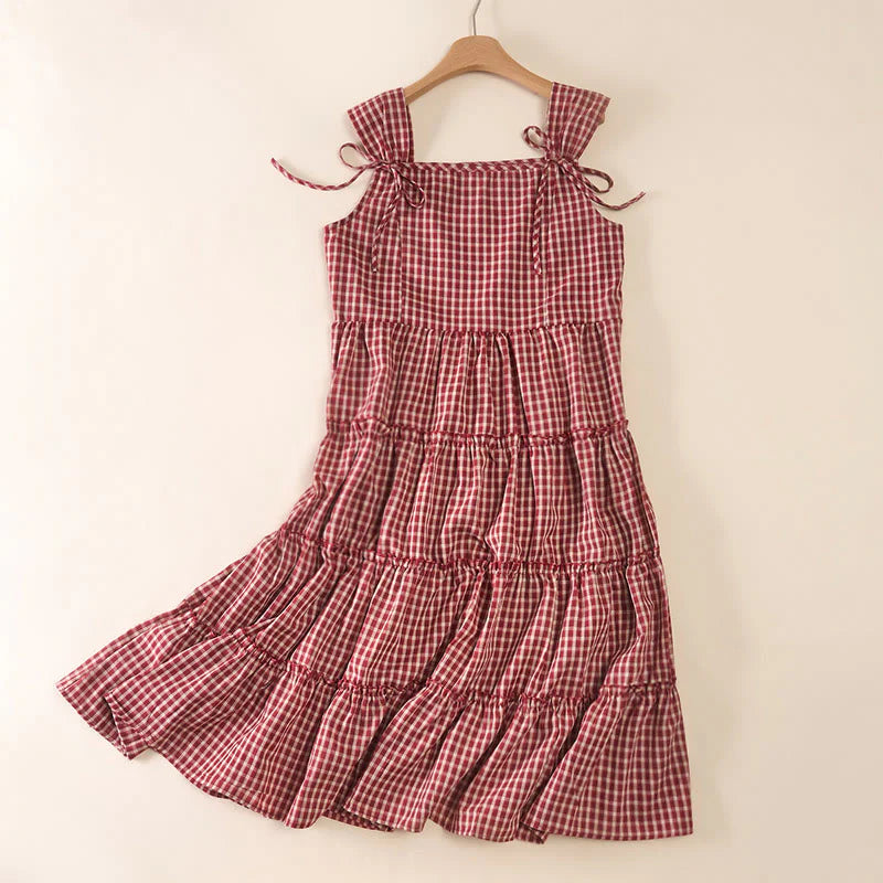 Buddha Stones Plaid Sleeveless Summer Below Knee Dress With Pockets