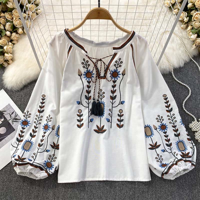 Buddha Stones Casual Embroidery Flower Leaf Pattern Women's Cotton Linen Round Neck T-shirt