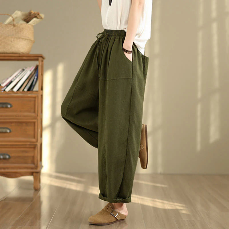Buddha Stones Women's Fall Plain Color Drawstring Cotton Linen 7-8 Length Pants With Pockets