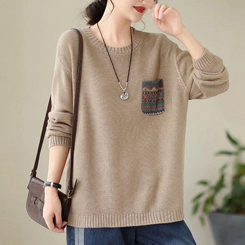 Buddha Stones Fall Floral Decorative Pocket Pattern Knitted Cotton Women's Long Sleeve Sweater