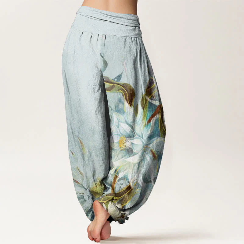 Buddha Stones Cotton Epiphyllum Flowers Design Women's Elastic Waist Harem Pants