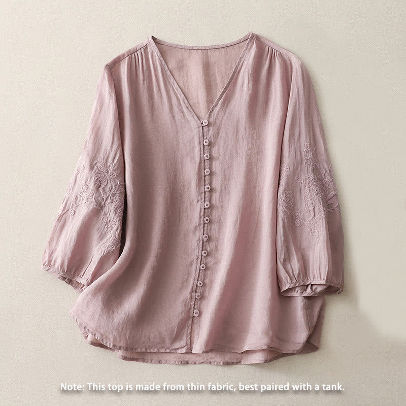 Buddha Stones Embroidery Button-down Women's Cotton Linen Shirt