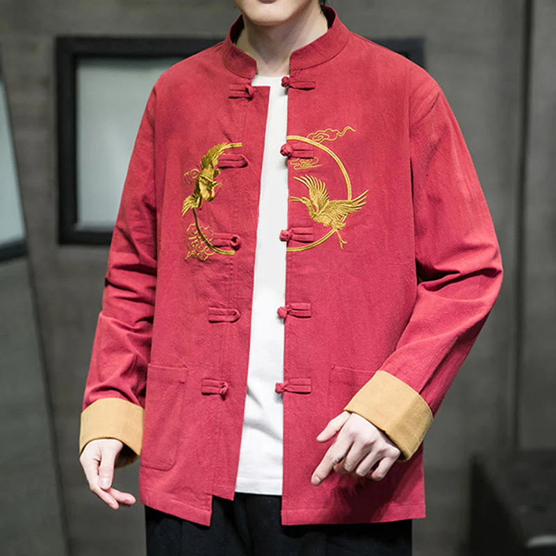Buddha Stones Embroidery Cranes Pattern Frog-Button Men's Cotton Long Sleeve Jacket With Pockets